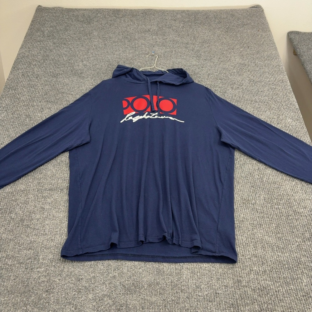 Polo Ralph Lauren Hoodie Mens XXL Blue Cotton Graphic Logo Pullover Casual Style